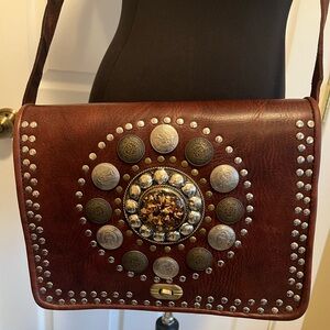 Brown Leather Studded Shoulder Bag